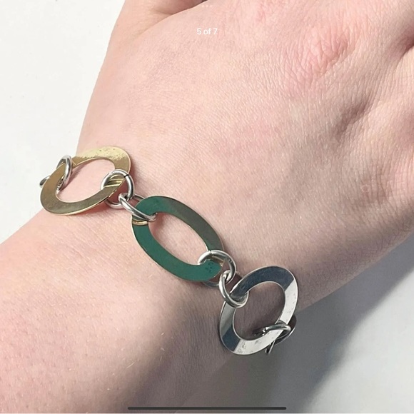 Sterling Silver Italy Large Flat Links Bracelet 7.5” 2Tone Silver - Picture 4 of 7